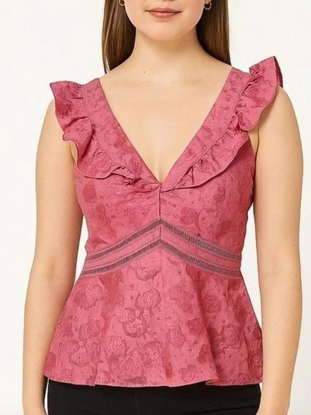 Rebecca Taylor Silk Ruffle Blouse – Mauve Pink, Size 0, Floral Embossed